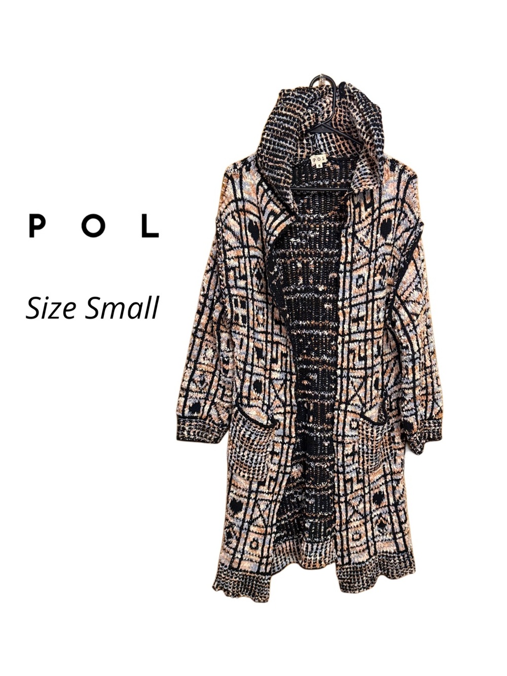 🤎 🖤 POL Boho Hooded Sweater Coat Cardigan Small Oversized Southwestern Knit 🧶